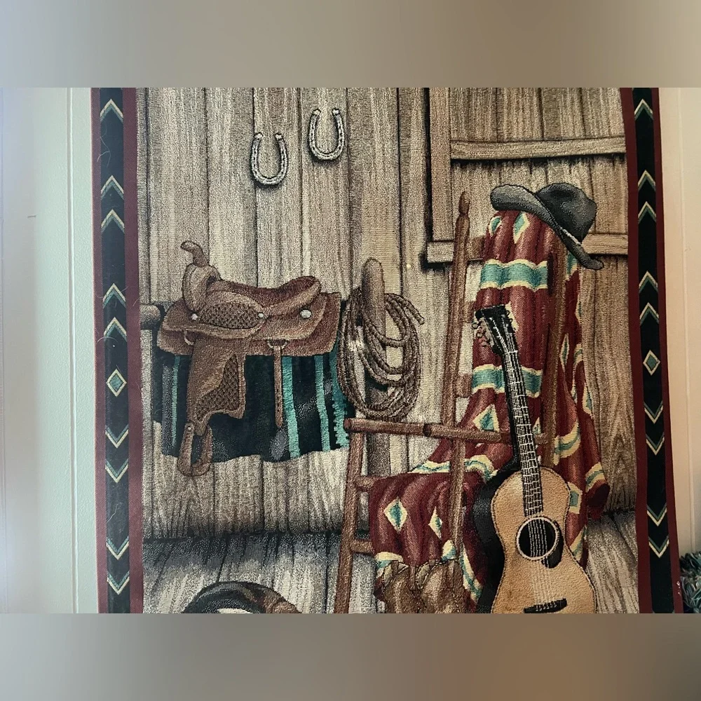 Large Tapestry Wall Hanging : Chair Dog Guitar Cowboy EUC